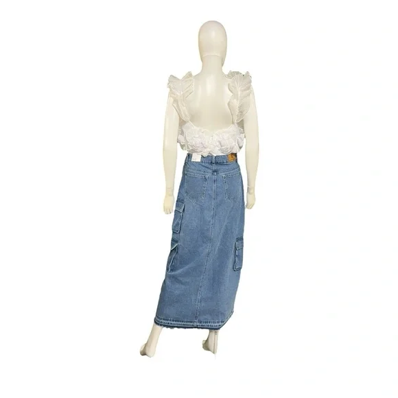 Flying Angel Medium Wash Cargo Denim Maxi Skirt, 27